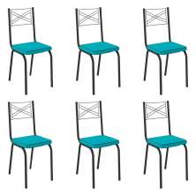 Kit 6 Cadeiras de Cozinha Colorado Corino Azul Turquesa Pés de Ferro Preto - Pallazio