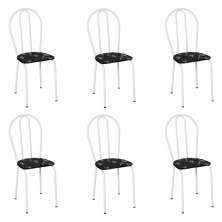 Kit 6 Cadeiras de Cozinha Texas Estampado Preto Florido Pés de Ferro Branco - Pallazio