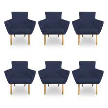 Kit 6 Poltronas Decorativa Leticia Suede Azul Marinho Pés Palito Castanho - Pallazio
