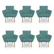 Kit 6 Poltronas Decorativa Leticia Suede Azul Turquesa Pés Palito Castanho - Pallazio