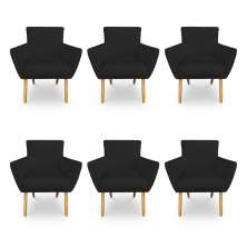 Kit 6 Poltronas Decorativa Leticia Suede Preto Pés Palito Castanho - Pallazio