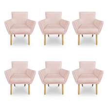 Kit 6 Poltronas Decorativa Leticia Suede Rosa Bebê Pés Palito Castanho - Pallazio