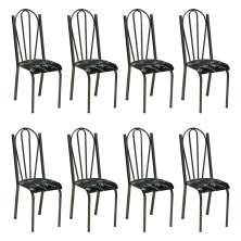 Kit 8 Cadeiras de Cozinha Alasca Estampado Preto Florido Pés de Ferro Cromo Preto - Pallazio