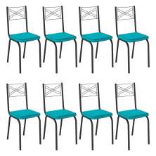 Kit 8 Cadeiras de Cozinha Colorado Corino Azul Turquesa Pés de Ferro Preto - Pallazio