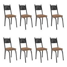 Kit 8 Cadeiras de Cozinha Virginia Estampado Rattan Bege Pés de Ferro Preto - Pallazio