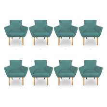 Kit 8 Poltronas Decorativa Leticia Suede Azul Turquesa Pés Palito Castanho - Pallazio