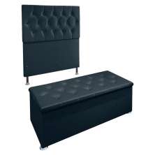 Kit Cabeceira e Calçadeira Baú Solteiro 0,90m Madrid Suede Azul Marinho - Pallazio