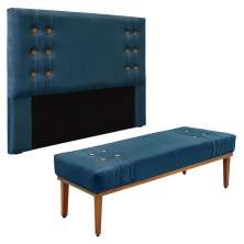 Kit Cabeceira e Calçadeira Recamier Casal 1,40m Gênova Veludo Azul Marinho - Pallazio