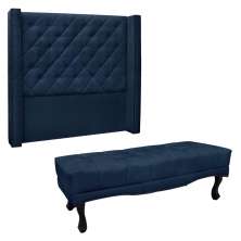 Kit Cabeceira e Calçadeira Recamier Casal 1,40m Vicenza Suede Azul Marinho - Pallazio