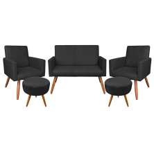 Kit Namoradeira 2 Poltronas e 2 Puffs Redondo Nina Suede Preto Pés Palito Castanho - Pallazio