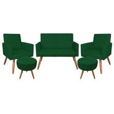Kit Namoradeira 2 Poltronas e 2 Puffs Redondo Nina Suede Verde Pés Palito Castanho - Pallazio