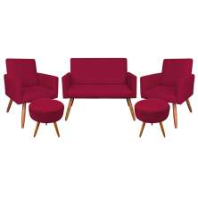 Kit Namoradeira 2 Poltronas e 2 Puffs Redondo Nina Suede Vermelho Pés Palito Castanho - Pallazio