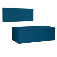 Kit Painel e Calçadeira Baú Casal 1,40m Berlim Suede Azul Marinho - Pallazio