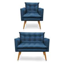 Kit Poltrona e Namoradeira 2 Lugares Olivia Suede Azul Marinho Pés Palito Castanho - Pallazio