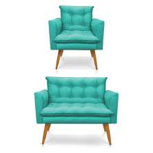 Kit Poltrona e Namoradeira 2 Lugares Olivia Suede Azul Turquesa Pés Palito Castanho - Pallazio