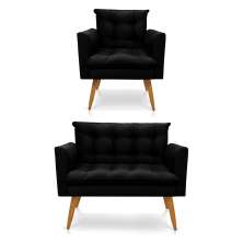 Kit Poltrona e Namoradeira 2 Lugares Olivia Suede Preto Pés Palito Castanho - Pallazio