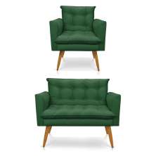 Kit Poltrona e Namoradeira 2 Lugares Olivia Suede Verde Pés Palito Castanho - Pallazio