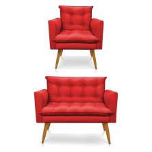 Kit Poltrona e Namoradeira 2 Lugares Olivia Suede Vermelho Pés Palito Castanho - Pallazio