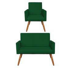 Kit Poltrona e Namoradeira Nina Suede Verde Pés Palito Castanho - Pallazio