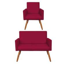 Kit Poltrona e Namoradeira Nina Suede Vermelho Pés Palito Castanho - Pallazio