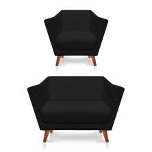 Kit Poltrona e Namoradeira Pérsia Suede Preto Pés Chanfrado Castanho - Pallazio