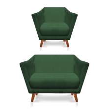 Kit Poltrona e Namoradeira Pérsia Suede Verde Pés Chanfrado Castanho - Pallazio