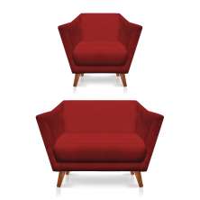 Kit Poltrona e Namoradeira Pérsia Suede Vermelho Pés Chanfrado Castanho - Pallazio