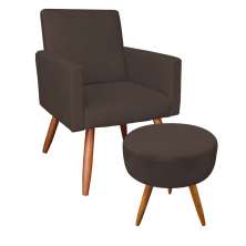 Kit Poltrona e Puff Banqueta Redonda Nina Suede Marrom Pés Palito Castanho - Pallazio