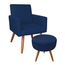 Kit Poltrona e Puff Banqueta Redonda Nina Veludo Azul Marinho Pés Palito Castanho - Pallazio