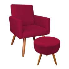 Kit Poltrona e Puff Banqueta Redonda Nina Veludo Vermelho Pés Palito Castanho - Pallazio