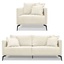 Kit Poltrona e Sofá Living 2 Lugares 1,60m Sirius Linho Natural Pés Metálicos - Pallazio