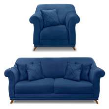 Kit Poltrona e Sofá Living 2 Lugares 1,60m Vênus Suede Azul Marinho Pés Castanho - Pallazio