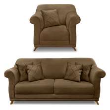 Kit Poltrona e Sofá Living 2 Lugares 1,60m Vênus Suede Caramelo Pés Castanho - Pallazio