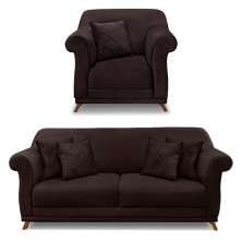Kit Poltrona e Sofá Living 2 Lugares 1,60m Vênus Suede Marrom Café Pés Castanho - Pallazio