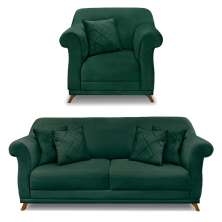 Kit Poltrona e Sofá Living 2 Lugares 1,60m Vênus Veludo Verde Floresta Pés Castanho - Pallazio