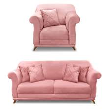 Kit Poltrona e Sofá Living 2 Lugares 1,80m Vênus Veludo Rosa Pés Castanho - Pallazio