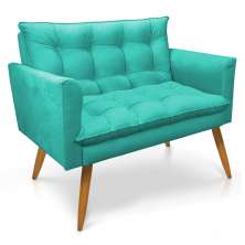 Namoradeira 2 Lugares Olivia Suede Azul Turquesa Pés Palito Castanho - Pallazio