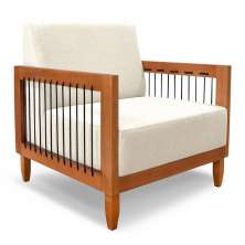 Poltrona Decorativa Marilia Linho Natural Base em Madeira Castanho - Pallazio