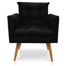 Poltrona Olivia Suede Preto Pés Palito Castanho - Pallazio