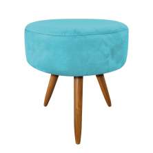 Puff Banqueta Redonda Nina Suede Azul Turquesa Pés Palito Castanho - Pallazio