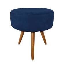 Puff Banqueta Redonda Nina Veludo Azul Marinho Pés Palito Castanho - Pallazio