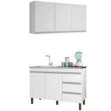 Kit Armario Aereo 3 Portas e Balcao 119cm Branco PLLA