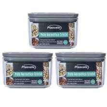 3 Potes Herméticos Plasvale 500ml cada Cristal Quadrado para