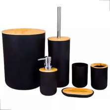 Conjunto Banheiro Bambu 6 Peças Preto Plasvale Lixeira 6,5l