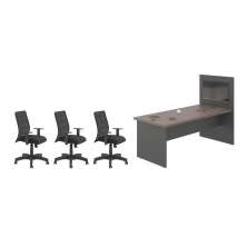 Jogo Painel e Mesa de Escritório Com 3 Cadeiras Freijó Preto