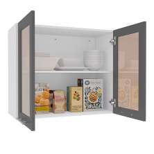 Armário Aéreo com Vidro Fettuccini 2 Portas Branco e Cinza