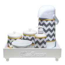 Kit Higiene Candy Com Nome Cinza Chevron Quarto Bebê Infantil Menina Menino
