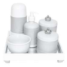 Kit Higiene Espelho Completo Porcelanas, Garrafa Pequena e Capa Coroa Prata Quarto Bebê Unissex