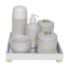 Kit Higiene Espelho Completo Porcelanas, Garrafa Pequena e Capa Flor de Liz Dourado Quarto Bebê Unissex