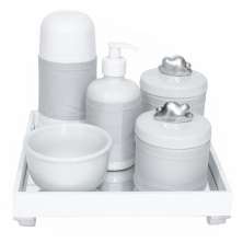 Kit Higiene Espelho Completo Porcelanas, Garrafa Pequena e Capa Nuvem Prata Quarto Bebê Unissex